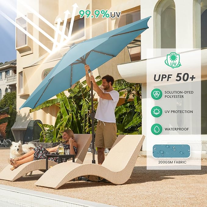 JEAREY 9FT Outdoor Patio Umbrella with Solar Lights, LED Lighted Pool Umbrella with Tilt and Crank, Outdoor Table Umbrellas for Deck, Yard & Market (Lake Blue)