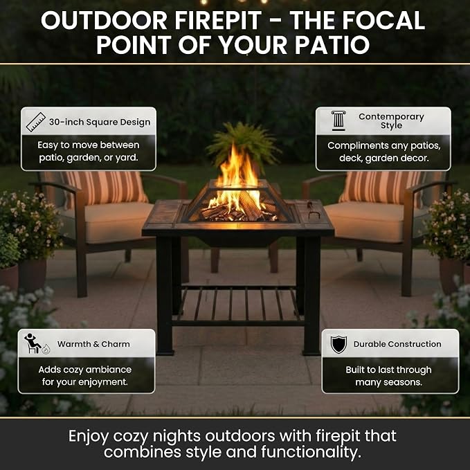 Fire Pit - 30-Inch Outdoor Firepit Table with Screen, Cover, and Poker - Outdoor Fire Pits for Backyard, Deck, Patio, or Porch by Pure Garden (Black)