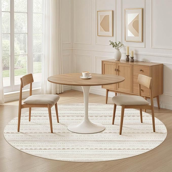 Nakagishi Round Rug Boho Area Rugs: 4x4 Washable Large Circle Neutral Soft Stain Resistant Non-Slip Carpet for Women Aged 25-45 Farmhouse Decor Enthusiasts - Living Room Bedroom Dining Room Nursery