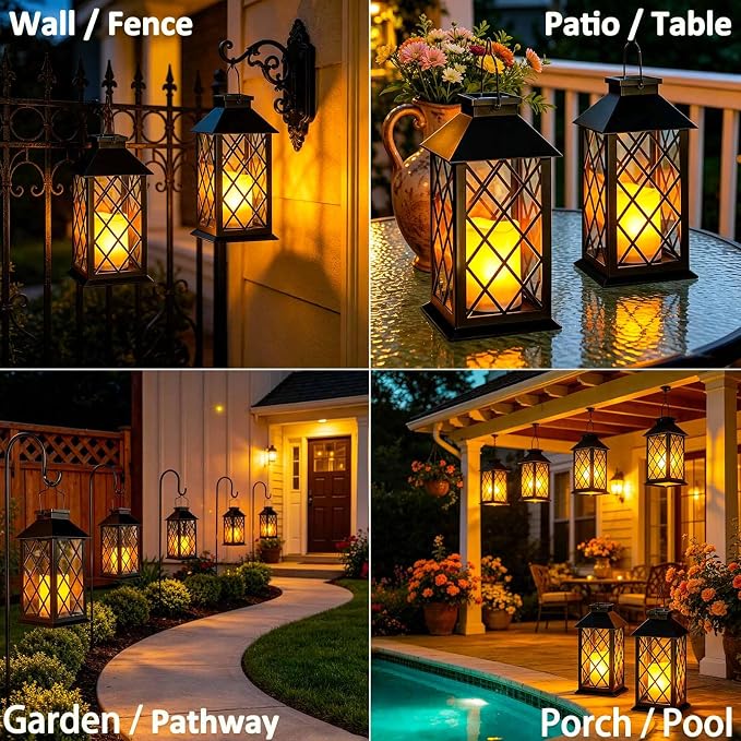 2 Pack 14" Large Solar Lanterns Outdoor Waterproof, Tempered Glass, Hanging Solar Lights with Flickering Flameless Candles, Retro Solar Lantern for Wall Porch Patio Table Garden Decorations, Black