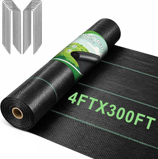 FEED GARDEN 4FT x 300FT Landscape Fabric Weed Barrier Fabric, Heavy Duty 3.2oz Weed Control Mat, Weed Blocker Ground Cover Geotextile Fabric for Gardening, with 20 U-Shaped Stakes