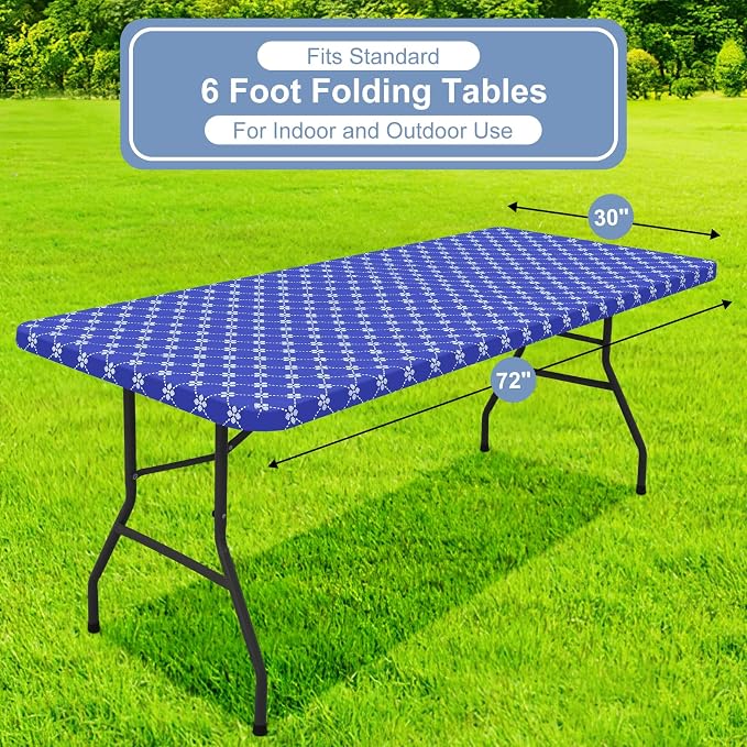 misaya 2 Pack Rectangle Vinyl Table Cloth, Elastic Fitted Tablecloth with Flannel Backing, Waterproof Plastic Table Cover Fits 6 Foot Folding Tables for Picnic, Camping and Outdoor (Blue, 30" x 72")