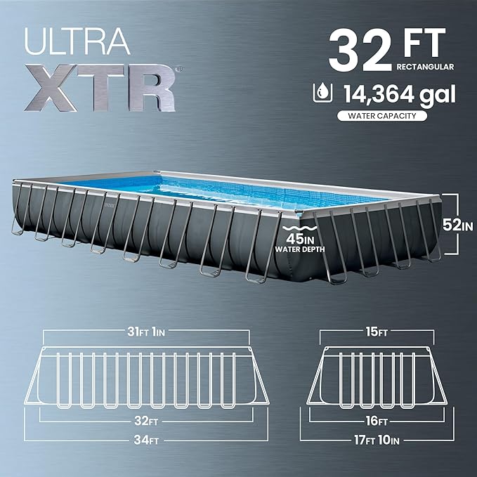 INTEX Ultra XTR 32ft x 16ft x 52in Above Ground Swimming Pool Set Bundle | 26373EH - 2800 GPH Sand Filter Pump, Ladder, Pool Cover & Ground Cloth with Maintenance Cleaning Kit (2-Pack) Included