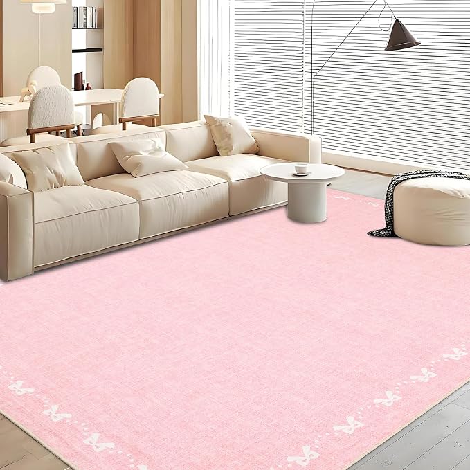 COZYLOOM 5x7 Bow Border Washable Rug for Entryway Indoor, Modern Solid Color Living Room Rug with Non Slip Backing, Stain Resistant Non Shedding Farmhouse Rugs for Bedroom, Dining Room, Nursery, Pink