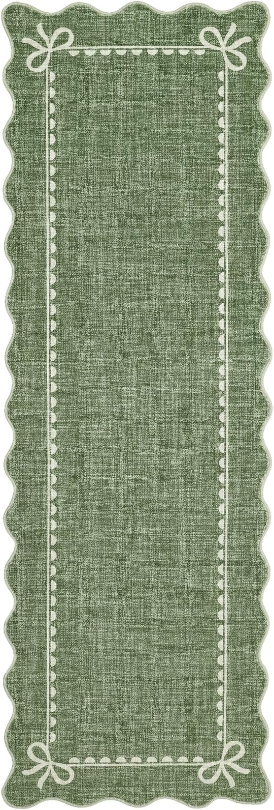 GarveeHome Scalloped Hallway Runner Rug 2.5x8 Non Slip Bedroom Rugs, Green | Washable Bow Rug for Girls Dorm Nursery Living Room Entyrway Kitchen, Soft Low Pile Ultra-Thin Stain Resistant Indoor Carpet