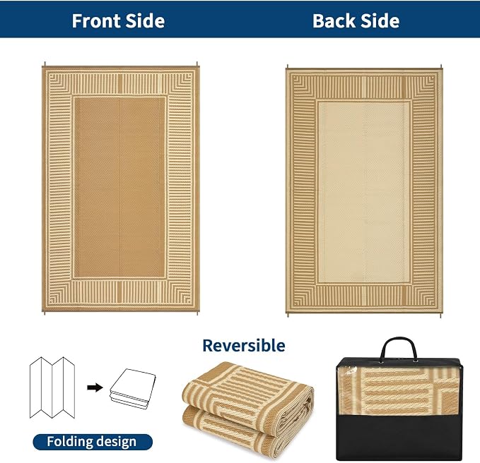Garvee Outdoor Rug 9x18 Reversible Plastic Straw Patio Rug Border Beige | Reversible, Waterproof, Foldable, Easy Clean, Lightweight Floor Cover for Backyard Camping Porch RV Beach Balcony Deck Picnic
