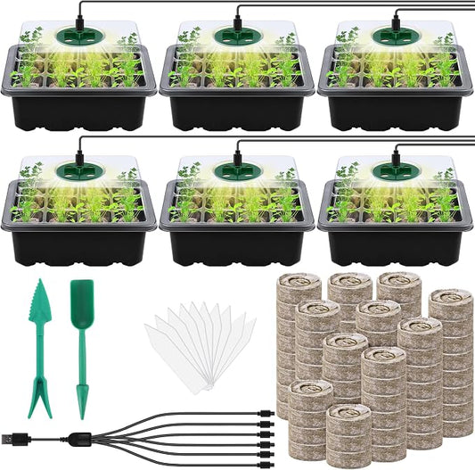 Hahood 6 Pack Seed Starter Tray Kit with Grow Light and Humidity Dome Germination Trays with 72 Peat Pellets, Plant Labels, Gardening Tools, Plant Growing Trays for Seeds Growing Starting, Black