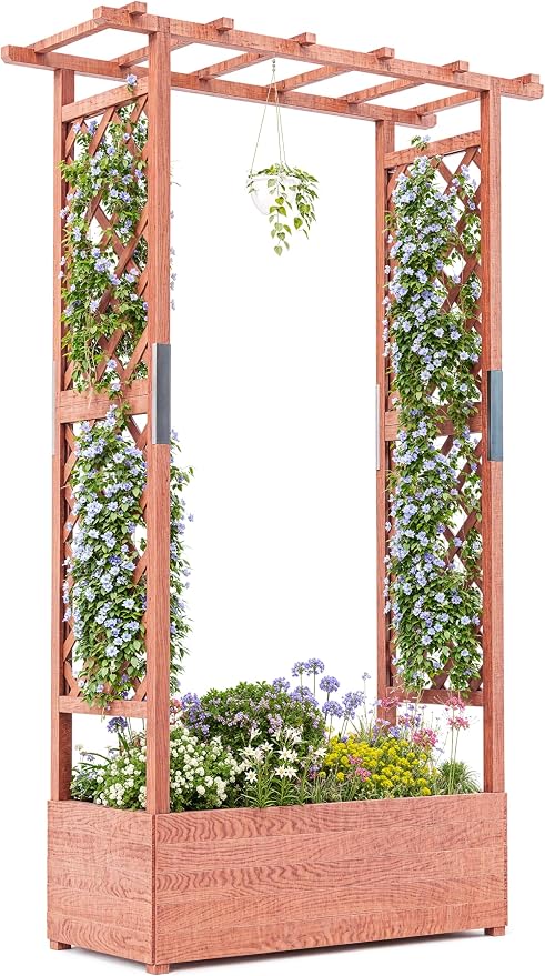 GarveeLife Raised Garden Bed with Trellis, 45 in Wood Planter Box with Side Trellis, Hanging Roof, and 4 Drainage Holes, Freestanding Elevated Garden Bed for Climbing Plants, Vines, Flowers