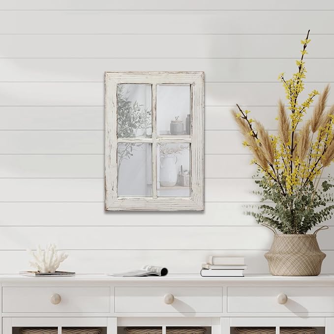 Rustic Small Window Pane Mirror Wall Decor 11 x 16 inches | Distressed White, Hanging Rectangle Wood Frame Farmhouse Mirror, Handmade Decorative Window Mirrors for Living Room Christmas