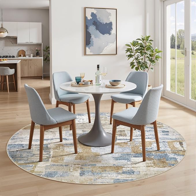 kakania Abstract 5x5 Round Rugs for Living Room: Circle Rugs 5FT Blue | Washable, Soft, Non-Slip, Low-Pile, Pet & Kid Friendly - Modern Home Decor Carpet for Bedroom/Dining Room/Nursery