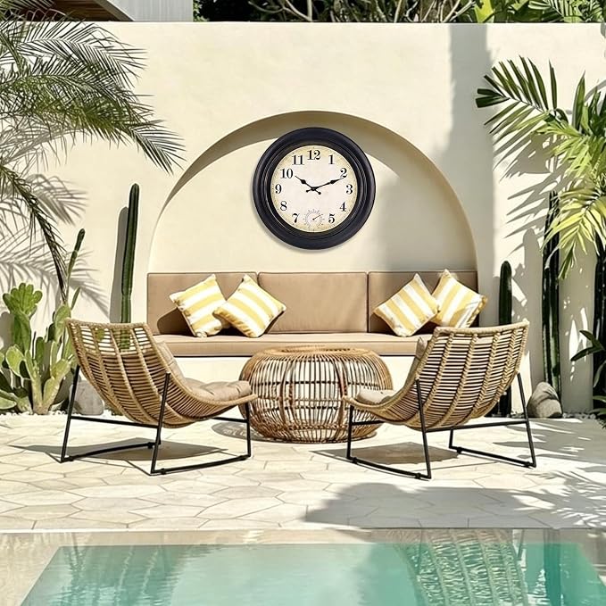 Outdoor Clock Waterproof with Thermometer Wall Clock for Patio Pool Bathroom Kitchen 18 Inch Bronze