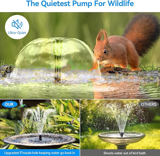POPOSOAP 6.5W Solar Fountain Pump for Bird Bath Built-in 3000mAh Battery Backup, DIY Solar Water Fountain with Double-Layer Nozzles & Dry-Run Protection 5Ft Tubing for Ponds, Bird Bath, Water Features