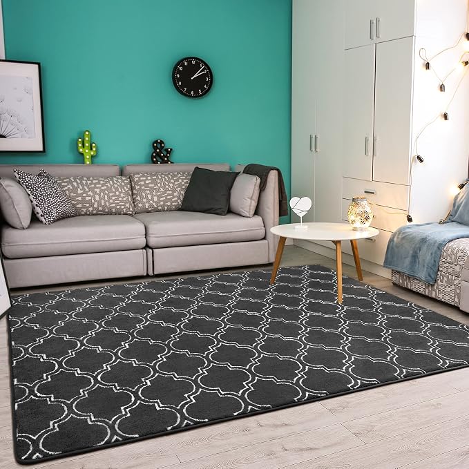 Chicrug 6x9 Shag Geometric Modern Area Rug for Bedroom Living Room | Memory Foam Indoor Carpet, Fluffy Rug for Bedside Room for Family Girls Kids Play Mat, Dark Grey and White