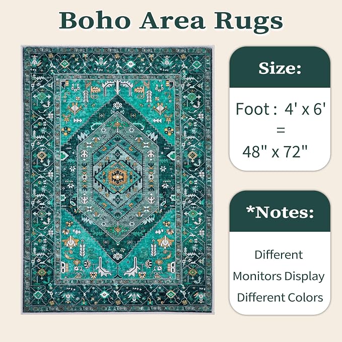 SERISSA 4x6 Washable Non Slip Boho Area Rug for Bedroom，Teal | Ultra Soft Vintage Oriental Carpet Low-Pile Distressed Tribal Throw Carpet for Entry Living Room Nursery Kitchen Dorm Decor