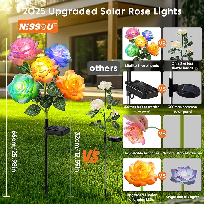 Solar Rose Lights Outdoor: 10 Pack IP65 Waterproof 7-Color Changing LED Flower Stakes for Garden Pathway Patio Lawn Decorative - Auto On Off 10H+ Lighting