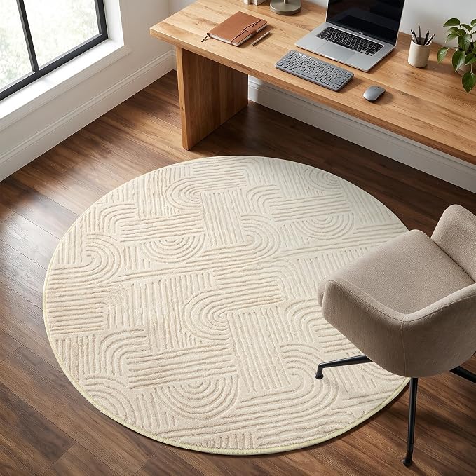 Etwel 5.2 ft Beige Geometric Textured High-Low Pile Washable Round Rug | Modern Soft Carpet, Non-Slip PVC Backing, Low Profile, Kid and Pet Friendly, for Living Room, Bedroom, Dining Room, Nursery