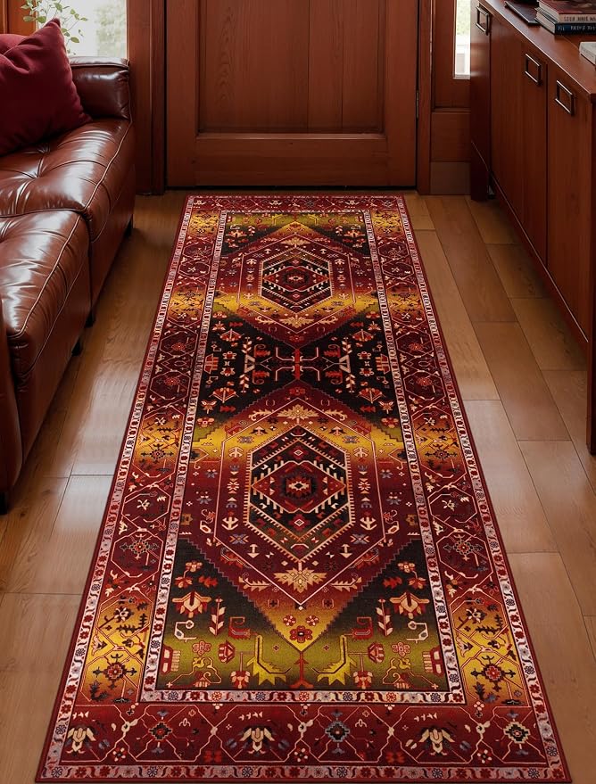 SERISSA 2x6 Washable Non Slip Boho Runner Rug for Hallway | Ultra Soft Vintage Oriental Carpet Low-Pile Rustic Red Gold Floor Carpet for Kitchen Bedroom Bathroom Laundry Living Room