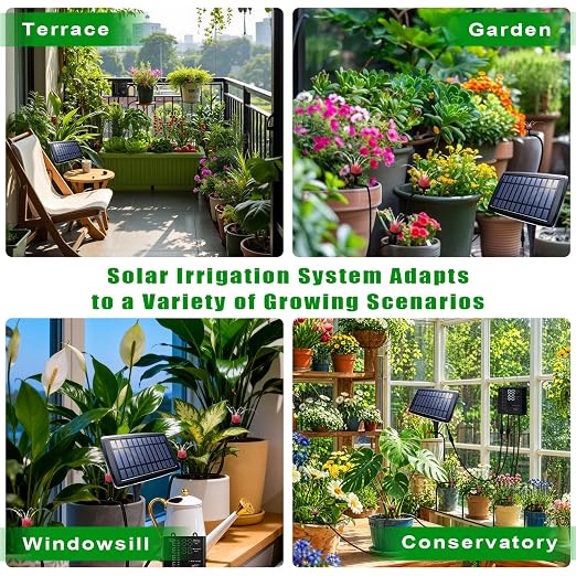 Solar Drip Irrigation System for 10 Potted Plants, Auto Watering Kit with 32FT Hose & 10 Drippers, Smart Timer & Low Water Alarm, Self Watering for Outdoor Balcony, No Electricity Needed