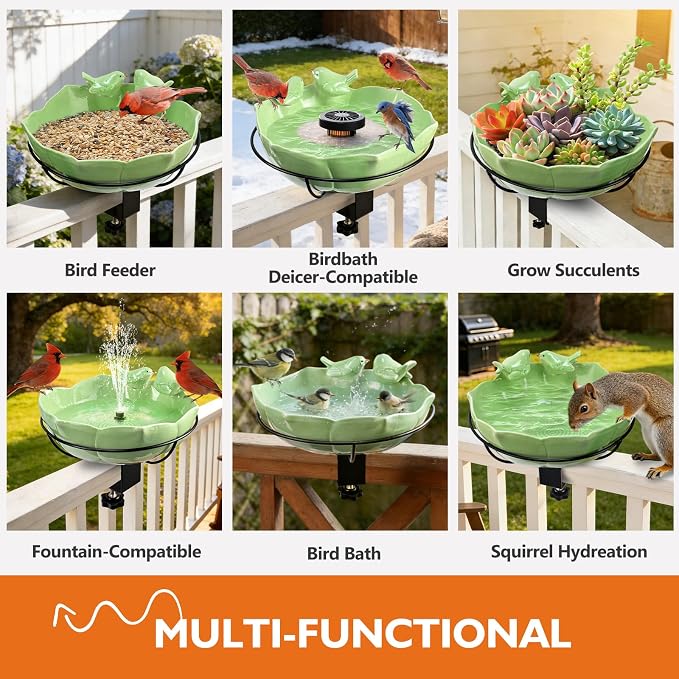 Glazed Ceramic Bird Bath for Deck Railing, 11 Inch Outdoor Bird Feeder Bowl with Adjustable Clamp, Easy Install Balcony/Patio Birdbath for Outside Garden Backyard Decoration, Green