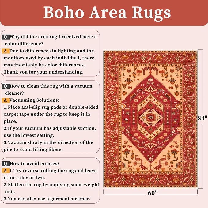 SERISSA 5x7 Washable Non Slip Boho Area Rug for Living Room，Red | Ultra Soft Vintage Oriental Carpet Low-Pile Distressed Tribal Throw Carpet for Bedroom Dining Room Dorm Office Home Decor