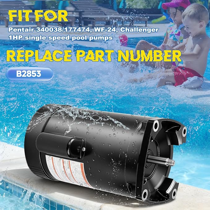 B2853 Pool Pump Motor 1HP 56Y Replacement for Pentair 340038/177474/WF-24 | 115/230V Dual Voltage, 3450 RPM Challenger 1HP Single Speed Swimming Pool Pump, 6.6/13.2A, 1045 Steel Shaft