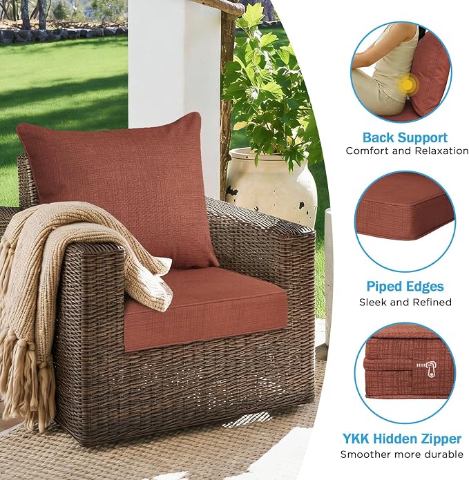 Outdoor Deep Seat & Back Cushion Set (2-Pack), 24 x 24 Inch Water Repellent and Fade Resistant Patio Furniture with Removable Cover for Outside Sofa Couch, Terra Cotta