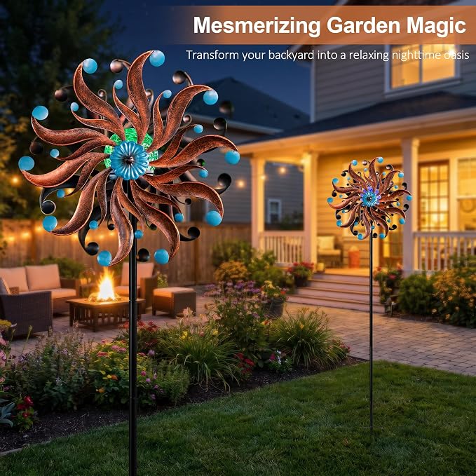 Solar Wind Spinner - Rustic Copper & Turquoise Kinetic Yard Art with Glass Globe - Vintage Metal Sunburst Wind Catcher Outdoor Garden Decor for Lawn, Patio, and Front Porch