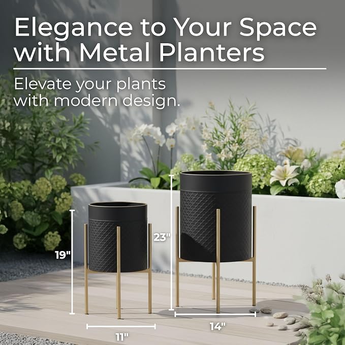 Decorative Flower Pots with Metal Stand for Home Decor - Modern Planters for Hallway, Entryway, and Living Room Decor - Indoor and Outdoor Pots for Plants - Set of 2, 23", 19", Black & Gold