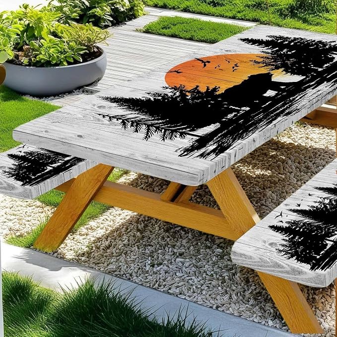 Picnic Table Cover with Bench Covers Wooden Forest Cabin Camping Essentials Waterproof Windproof Camping Tablecloth with Drawstring Bag, Fitted Rectangle Tables and Seats White，96" x 30" inch