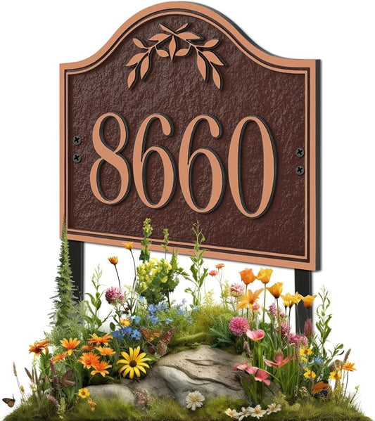 Yard Address Sign - Personalized Address Plaque,House Number Yard Sign,House Numbers for Outside,Lawn,Yard,Ground with 2 Stakes (Coffee/Copper)