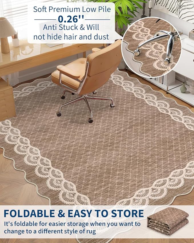Garvee Scalloped Washable Rug 9x12 Rugs for Living Room Large Rug Camel | Soft Non Slip Rugs for Bedroom, Low Pile Neutral Rug, Stain Resistant Foldable Carpet for Playroom Dorm, Farmhouse Rugs