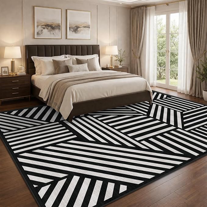 9x12 Black and White Geometric Stripe Area Rug for Living Room Bedroom Abstract Modern Large Rug Machine Washable Non-Slip Carpet for Dining Room Office