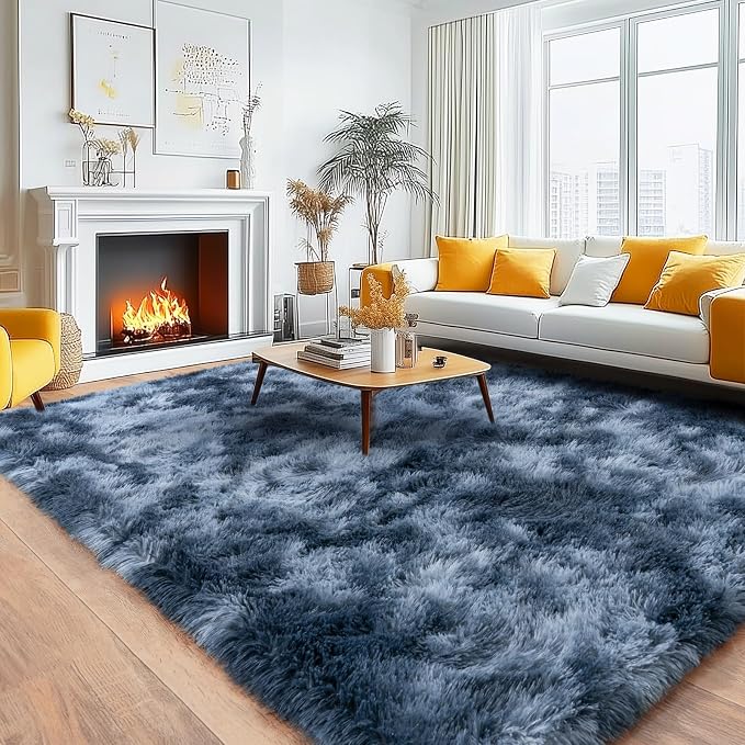 Large Area Rugs 9x12 Living Room, Ultra Fluffy Fuzzy Shag Rug for Bedroom, Modern Plush Soft High Pile Upgrade Non-Slip Carpet for Kids Girls and Boys Room Decor, Tie-Dyed Blue Grey