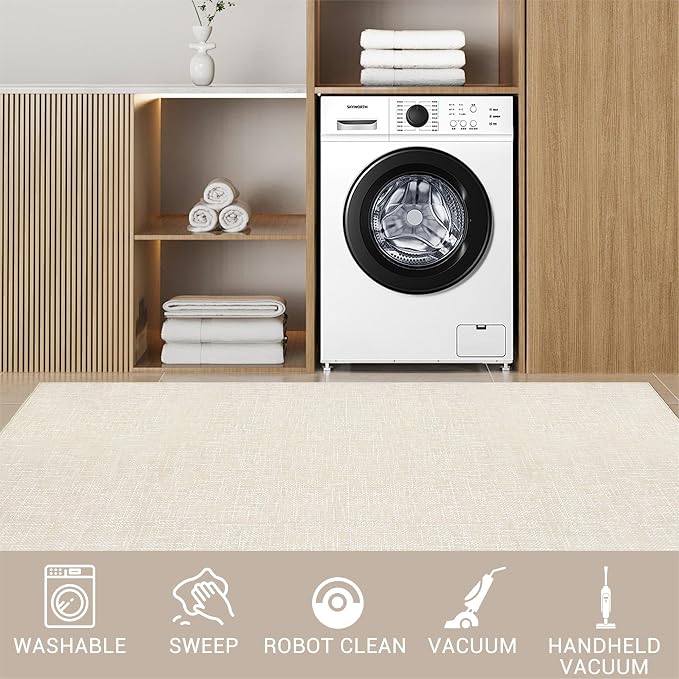 Garvee Large Rugs for Living Room 8x10 Textured Washable Area Rug, Beige | Modern Solid Color Non Slip Backing Low Pile Non Shedding Stain Resistant Minimalist Rug for Dining Room Nursery Bedroom
