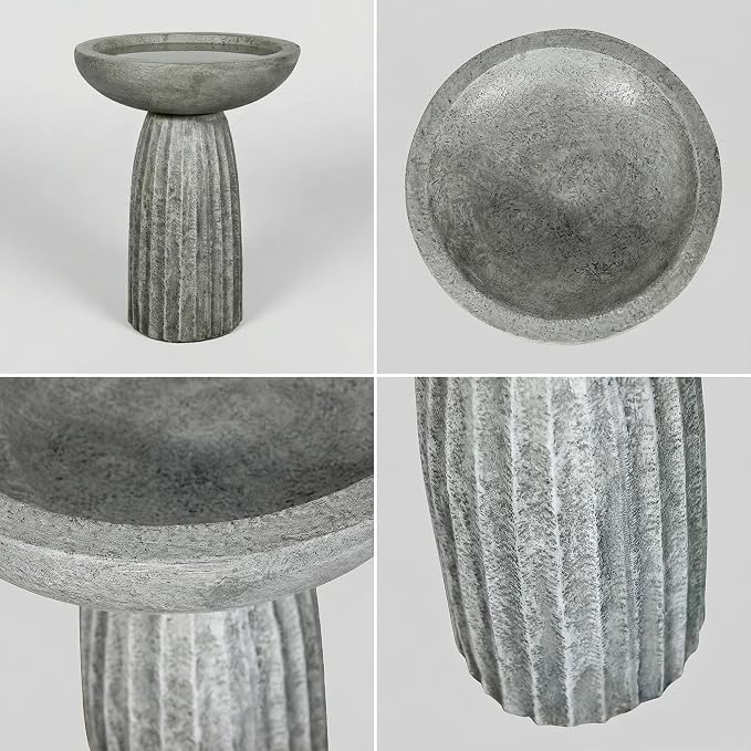 SunJet Modern Bird Bath, 24.4inches Height Fibre-Reinforced Concrete Birdbath with Textured Pedestal for Outdoor Garden, Yard, Lawn Decor