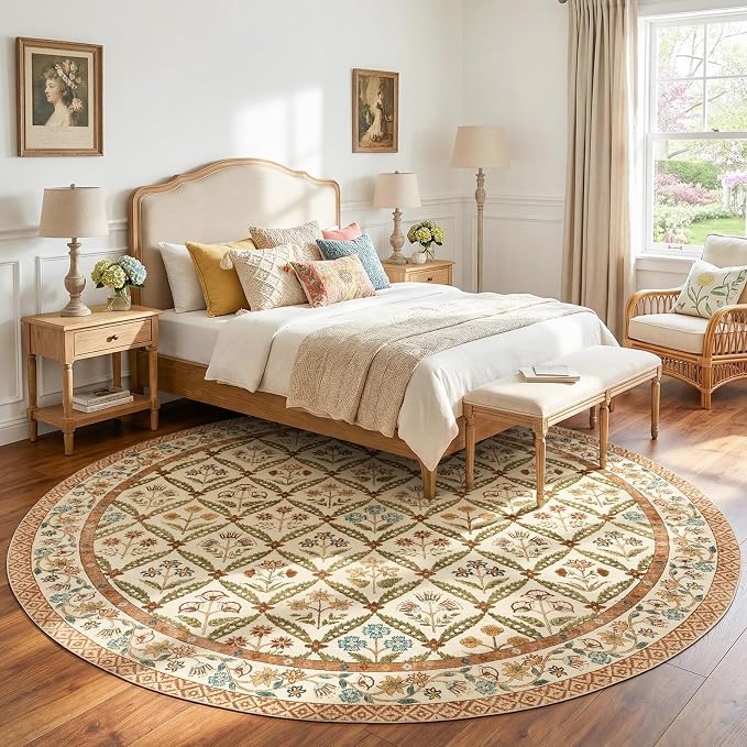 jinchan Round Rug 8ft Vintage Floral Washable Circle Area Rug, Terracotta | Soft & Lightweight, Checkered Floral, Low Pile, Non Slip, Dining Room, Living Room, Bedroom, Girls Room, Kids Room Decor