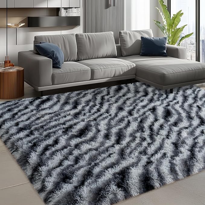 Soft Shag Fluffy Living Room Rug 5x7 Zebra Black White Washable | Upgrade Non-slip, 5 x 7 Shaggy Rugs for Bedroom Nursery, High Pile Fuzzy Plush Carpet Girls Kids Room Dorm, Flame Resistant
