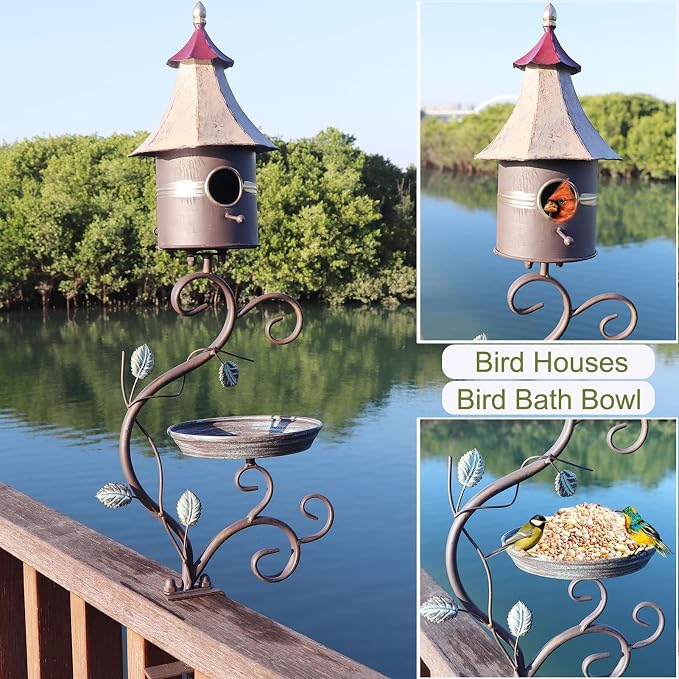 HLQMFHT Deck Bird Bath, Metal Bird Bath and Bird Houses, Decorative Deck Mounted Bird Bath, Detachable and Adjustable Sturdy Deck Bird Bath for Outdoor Porch Yard Garden Decoration