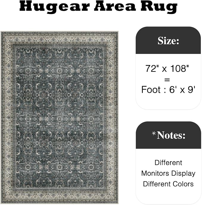 6x9 Black Vintage Distressed Washable Area Rug for Living Room | Low Pile, Non Slip, Retro Style, Soft Distressed Indoor Rug for Living Room, Bedroom, Dining Room, Office, Home Decor