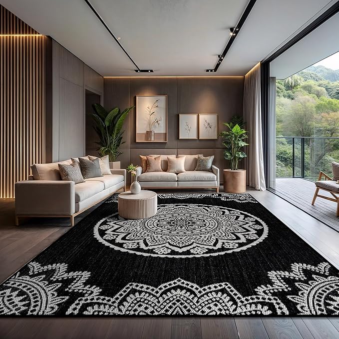 CAMILSON Outdoor Rug 10x14 Modern Large Area Rugs for Indoor and Outdoor Patios and Porches - Washable Non-Shedding Easy-to-Clean Outside Carpet (10 x 14 Medallion - Black/White)