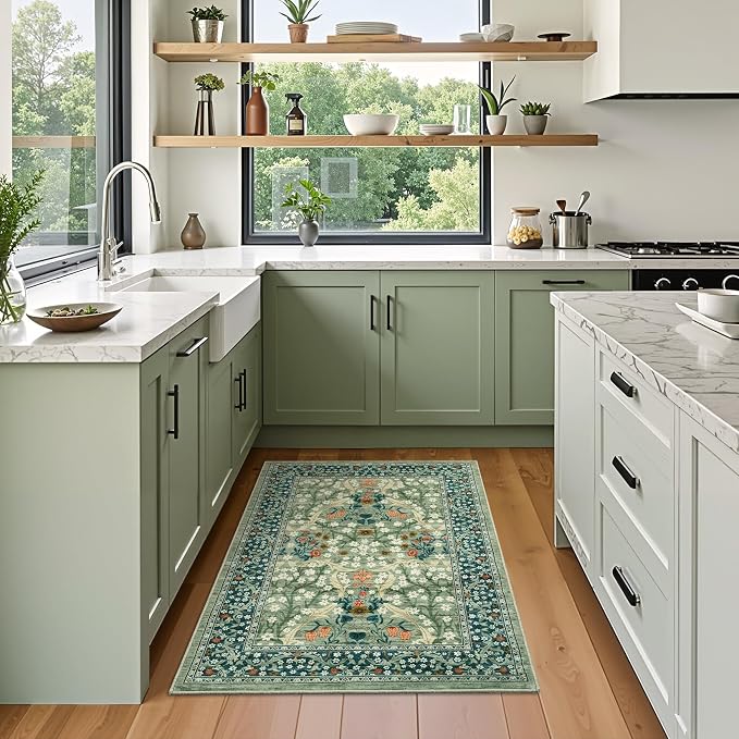 GarveeHome Sage Green Floral 2x3 Washable Rug Small Door Mat | Vintage Stain Resistant Rugs for Entryway Hallway Bedroom Bathroom Low-Pile Non-Slip Soft Botanical Boho Rug TPE Backing