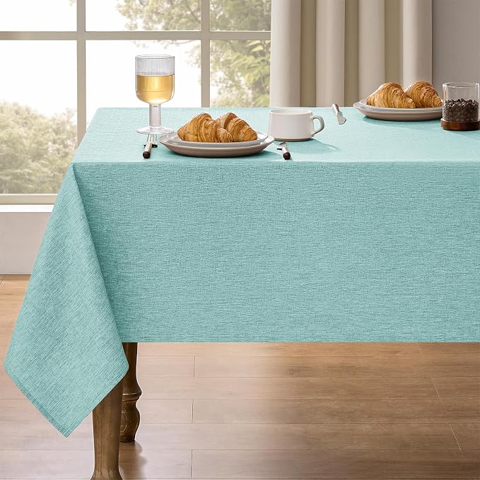 Decorelia Faux Linen Farmhouse Table Cloth 60"x104" for 6 ft Rectangle Table, Aqua Waterproof Outdoor Washable Cloth Tablecloth for Rectangular Dining Room Kitchen Outdoor Party Restaurant Decor