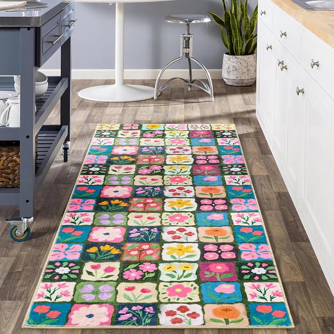 Vintage Floral 2x8 Runner Rugs Non Slip, Thin Country Colorful Flowers Botanical Indoor Hallway Rug Washable, Cute Boho Aesthetic Runner Carpet for Kitchen Bedroom Laundry Entryway