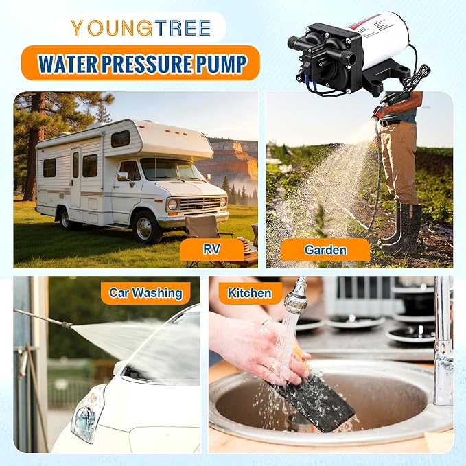 YOUNGTREE Water Pressure Diaphragm Pump 110V AC 5.5GPM 70PSI RV Water Transfer Pump 110 Volt On Demand Self Priming for Home Kitchen RV Garden Irrigation Car Washing Rain Barrel Lawn Camper