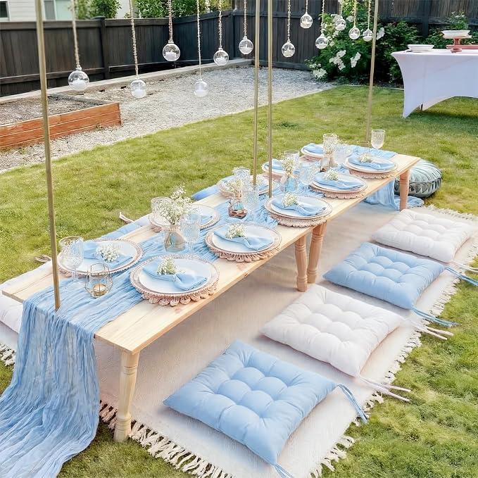 Extra Large Outdoor Picnic Blanket with Table Runner and Floor Pillow Cushion for Picnic Wedding Birthday Baby Shower Backyard Decor(91 x 71'',Light Blue,White,8 Pcs)