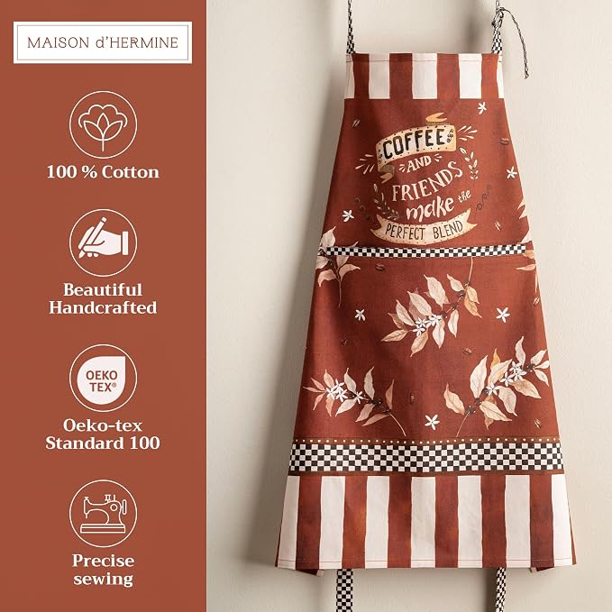 Maison d' Hermine Aprons for women with Pocket 100% Cotton (27.50"x31.50") | Adjustable Neck Strap & long ties Apron Men Chef Wedding Cooking Gardening Server Maid