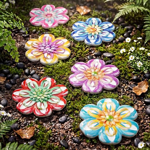 Landical 6 Pack Decorative Stepping Stones for Garden 10 Inch Cement Flower Stepping Stones Decoration for Patio Walkway Yard Outdoor (Flower)