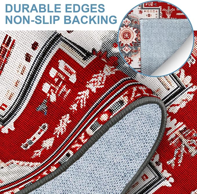 Red Geometric Rose 2x3 Entry Rug,Washable Small Rugs for Entryway Kitchen Bathroom Door Mat Indoor Entrance,Non Slip Rubber Backing,Stain & Fade Resistant,Gul Floral Farmhouse Decor