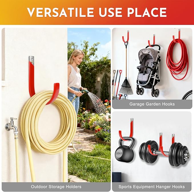 5.5 Inch Metal Garden Hose Holder, 3 Pack Heavy Duty Wall Mount Hooks for Hanging, Hose Hanger Organizer for Garden Hoses Metal Hook Outdoor Rack for Water Hoses, Red