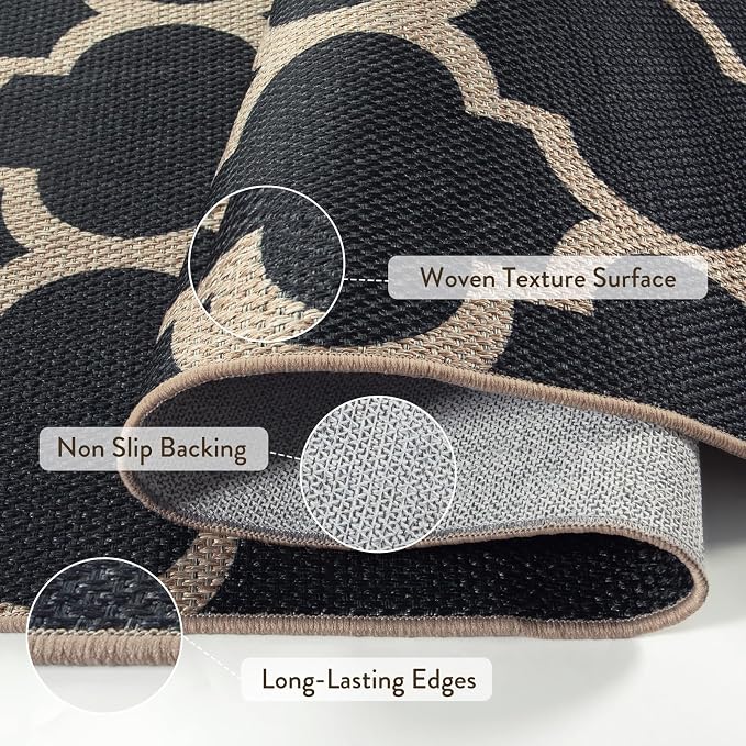 Lahome Moroccan 3x5 Outdoor Rug, Easy Jute Black Washable Rug for Entryway Front Porch, Geometric Trellis Woven Non Slip Door Mat for Entrance, Thin Non Shedding Farmhouse Throw Rugs for Balcony